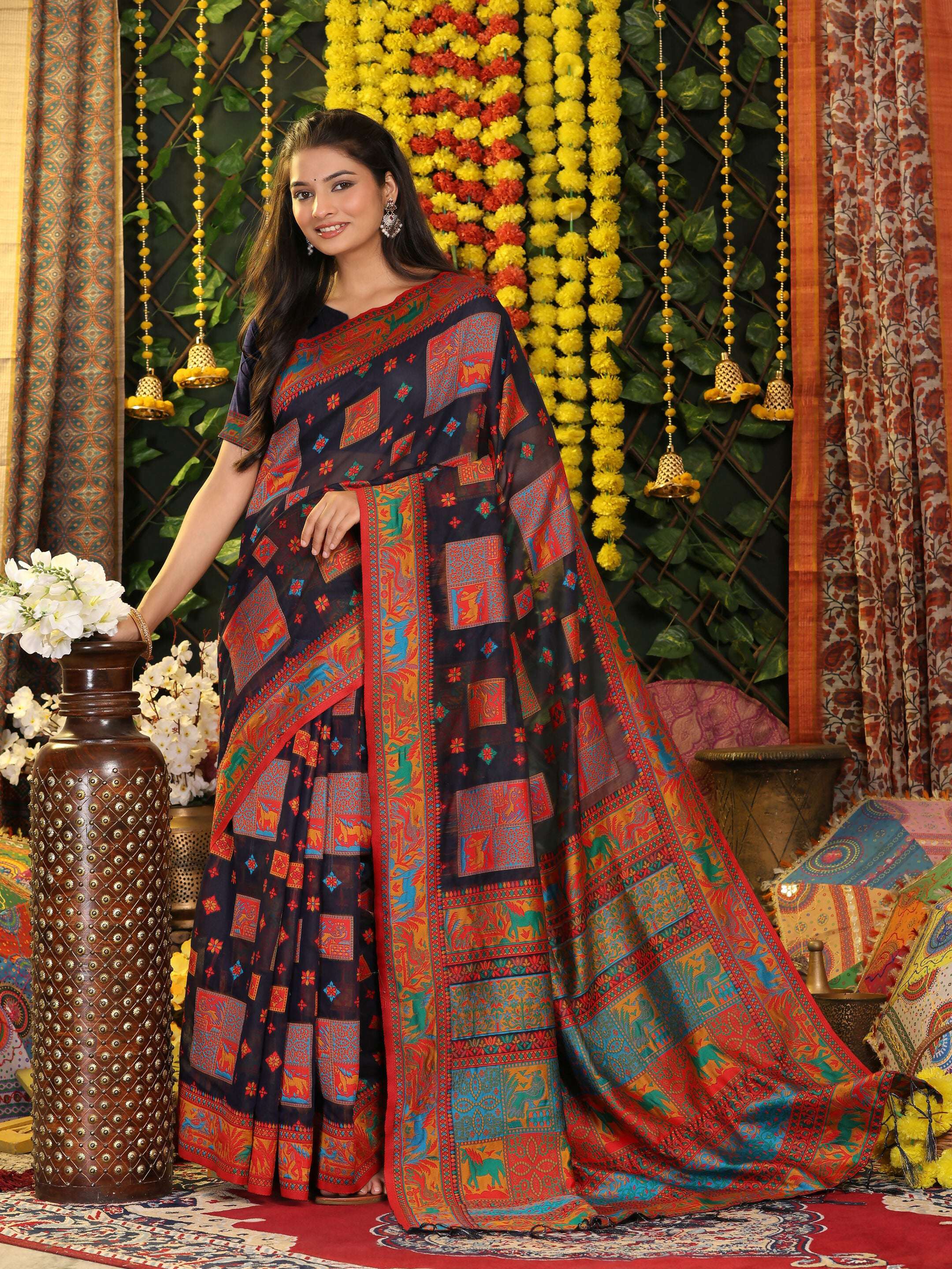 Astita Linen Cotton Navy Blue Saree