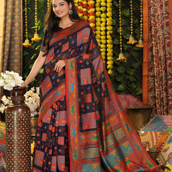 Astita Linen Cotton Navy Blue Saree