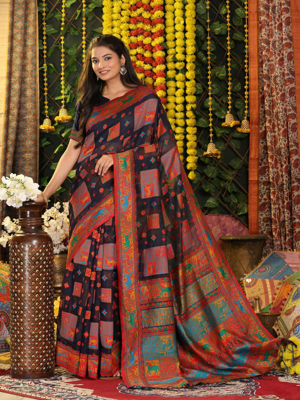 Astita Linen Cotton Navy Blue Saree