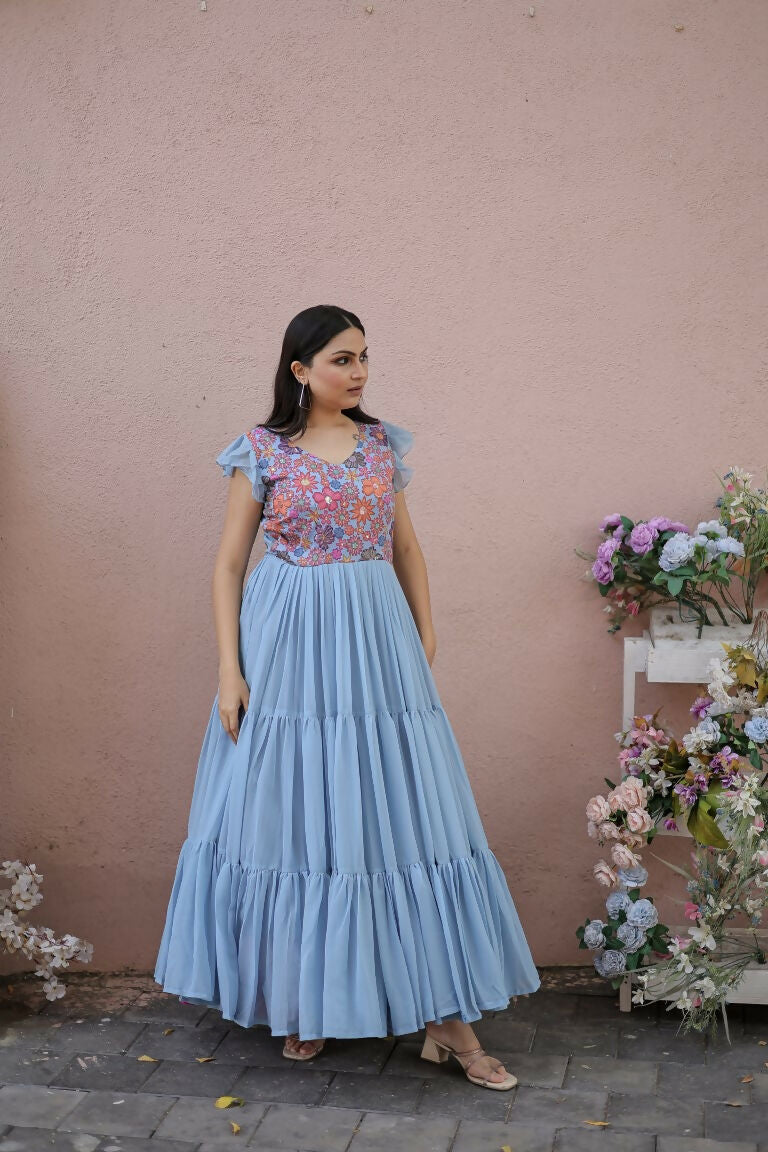 Jyoti Fashion Women's Grey Printed with Sequins Faux Georgette Anarkali Dress - Distacart