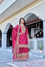 Thumbnail for Teeya Creation Pink Color Chinon Silk Heavy Embroidery Work Wedding Wear Sharara - Distacart
