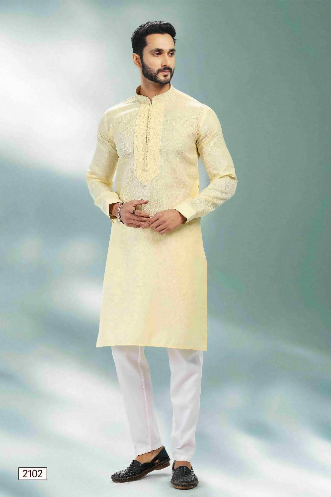Raivat Ethnic Linen Cotton Pintux Work Kurta Pajama In Yellow Colour - Dista