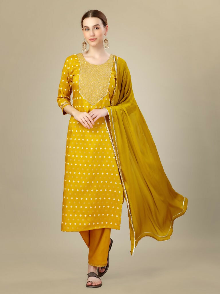 Jyoti Fashion Women's Golden Silk Blend Embroidery & Sequence work Kurta with Trouser & Dupatta - Distacart