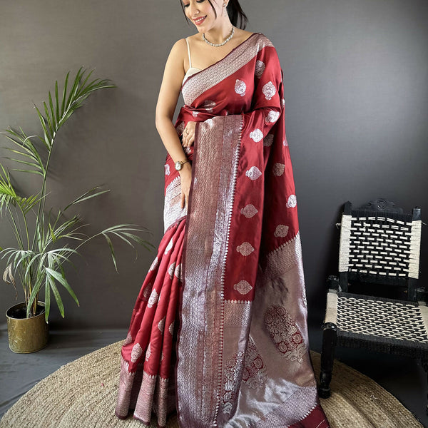 Joban Fashion Maroon Floral Motifs Soft Silk Banarasi Saree - Distacart