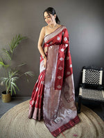 Thumbnail for Joban Fashion Maroon Floral Motifs Soft Silk Banarasi Saree - Distacart