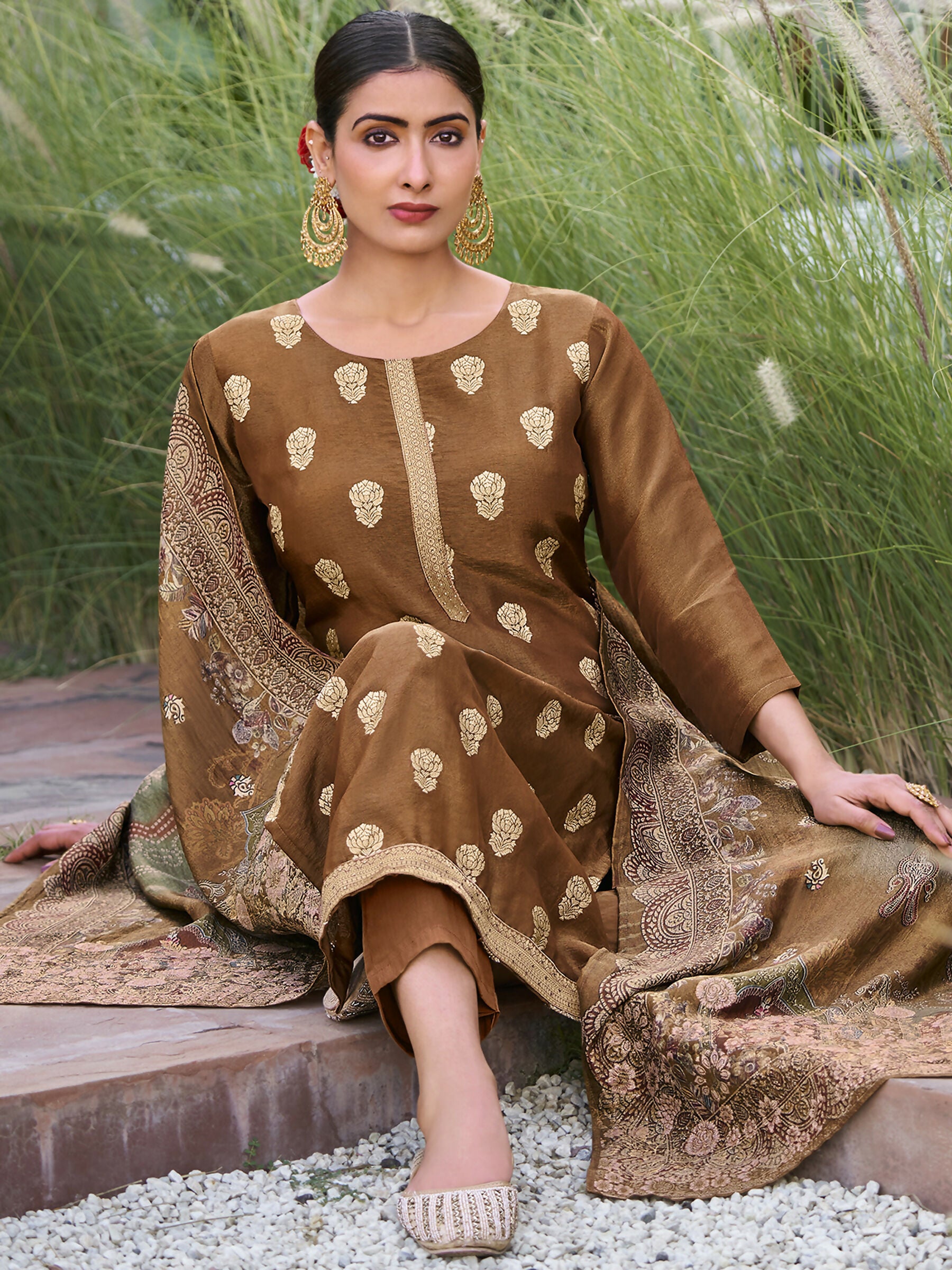 Jyoti Fashion Women's Brown Pure Silk Elegant Jacquard Woven Kurta with Trouser & Dupatta - Distacart