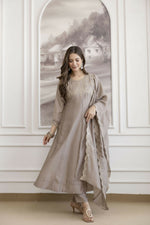 Thumbnail for The52 Chiku Women's Beautiful Vichitra Silk Fabric Embroidered Work Flared Anarkali Pant and Dupatta Set