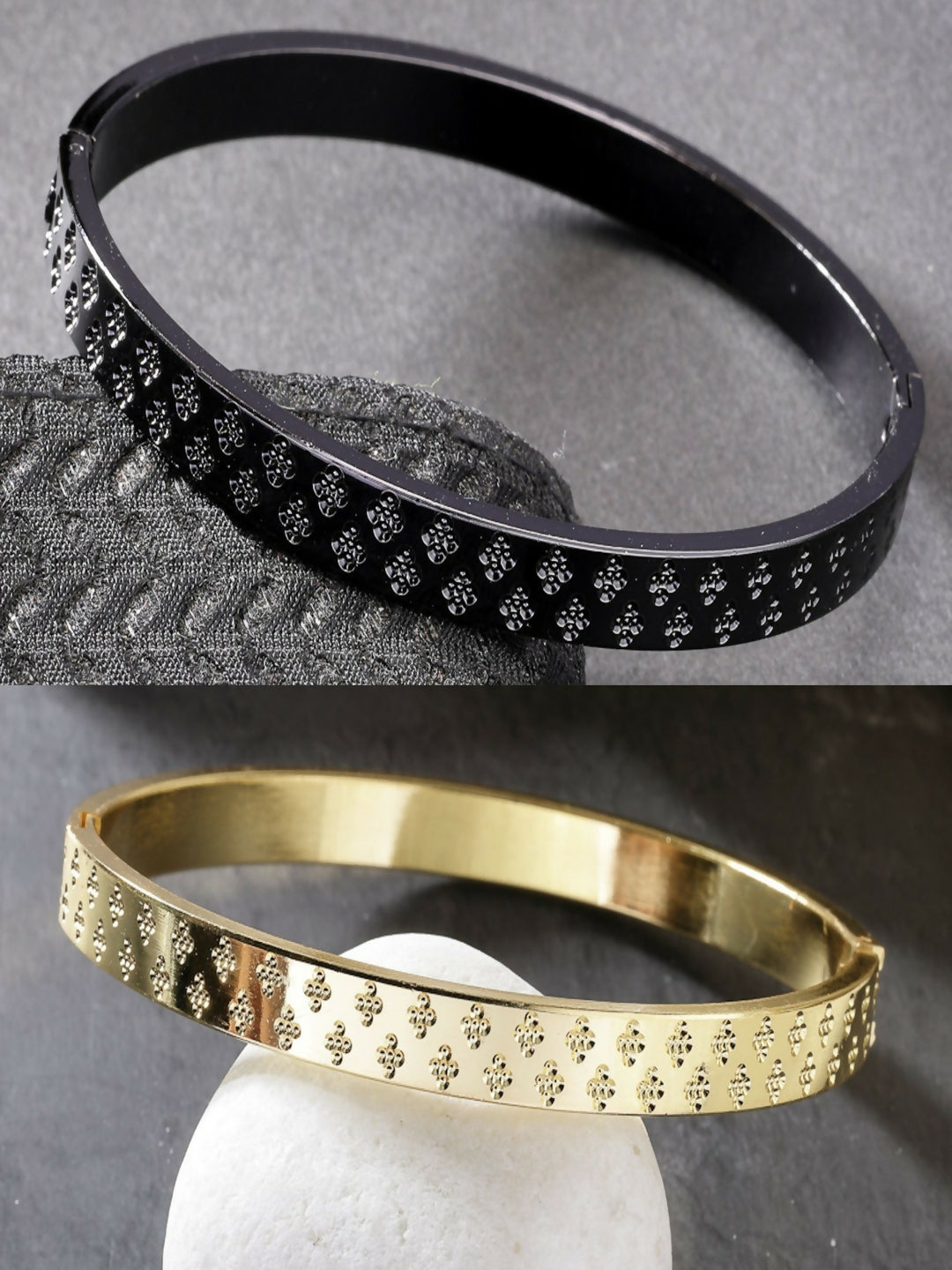 NVR Men's Set of 2 Gold & Black Rhodium-Plated Stainless Steel Kada Bracelet - Distacart