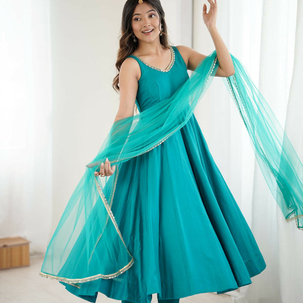 The52 Women's Beautiful Roman Silk Chanderi Fabric Flared Anarkali Pant and Dupatta Set - Distacart