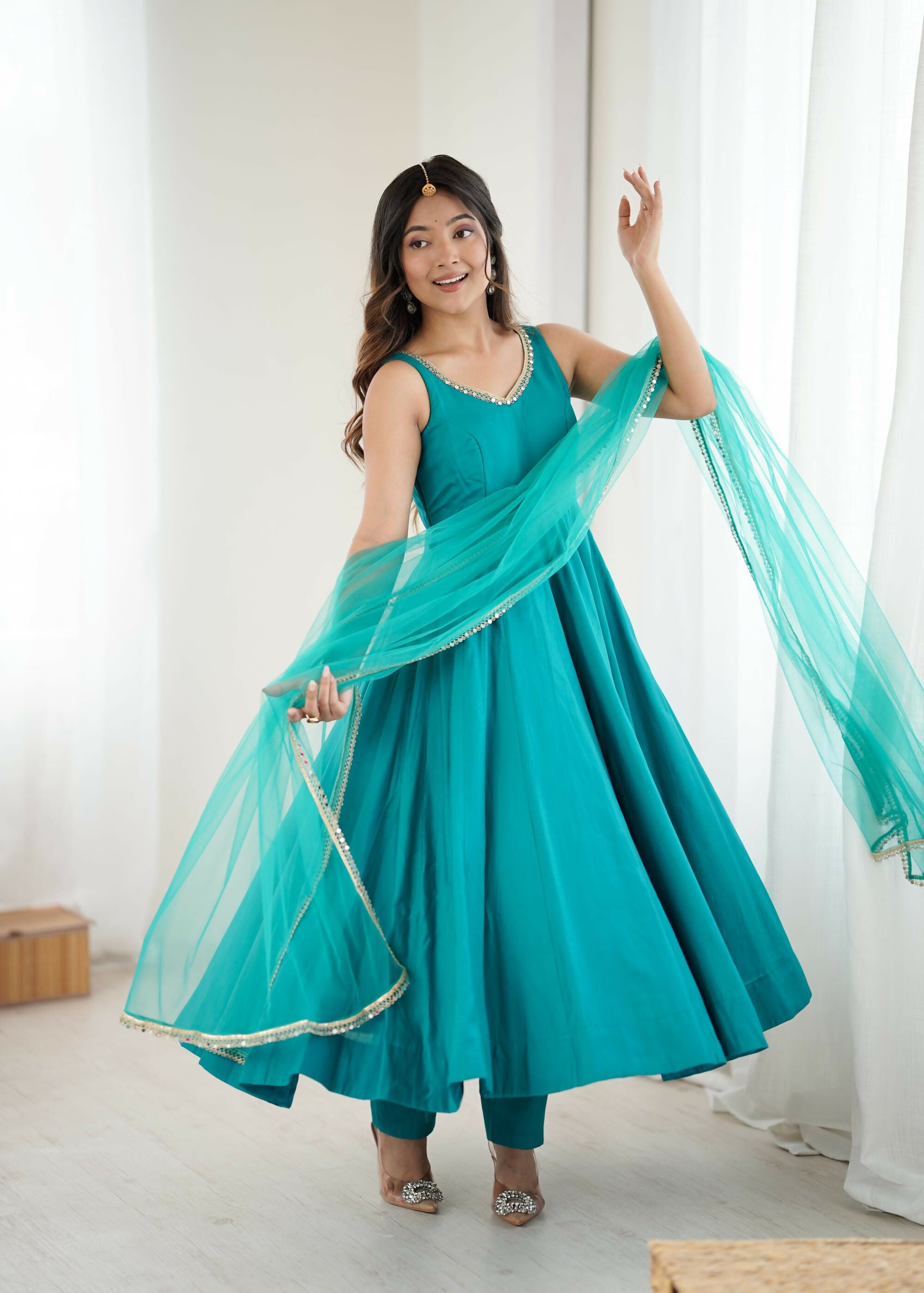 The52 Women's Beautiful Roman Silk Chanderi Fabric Flared Anarkali Pant and Dupatta Set - Distacart