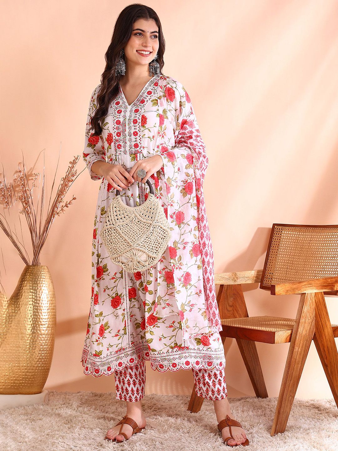 Ode by House of Pataudi Thread Work Pure Cotton Anarkali Kurta with Trousers & Dupatta - Distacart