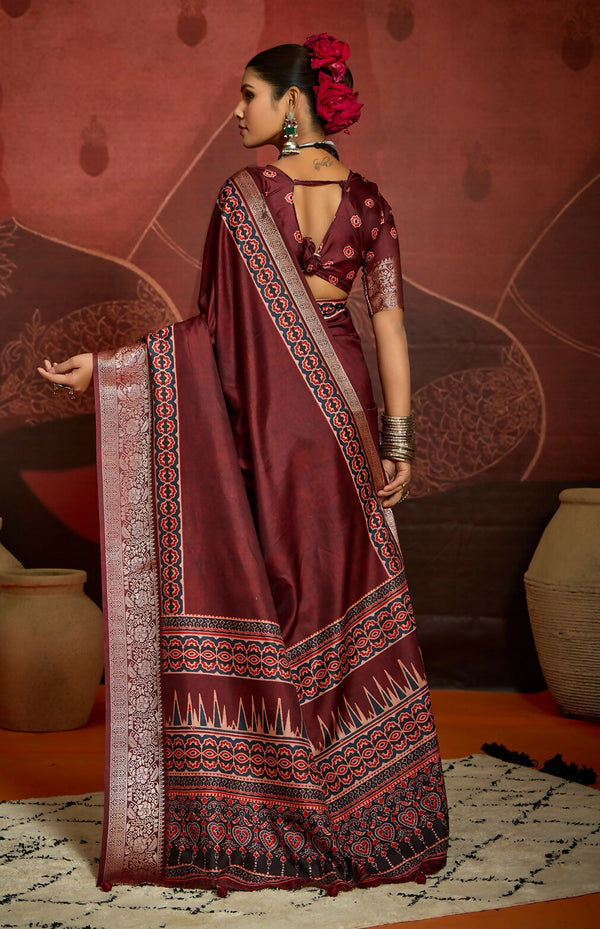 Joban Fashion Maroon Art Silk With Fine Viscose Border Ajrak Full Body Print With Soft Finish Saree