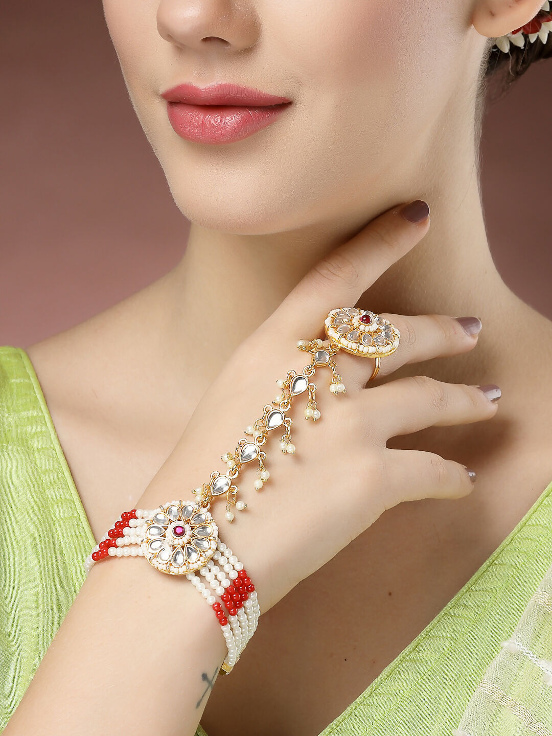 NVR Women's Red Gold-Polished Stone Studded Handcrafted Ring Bracelet - Distacart