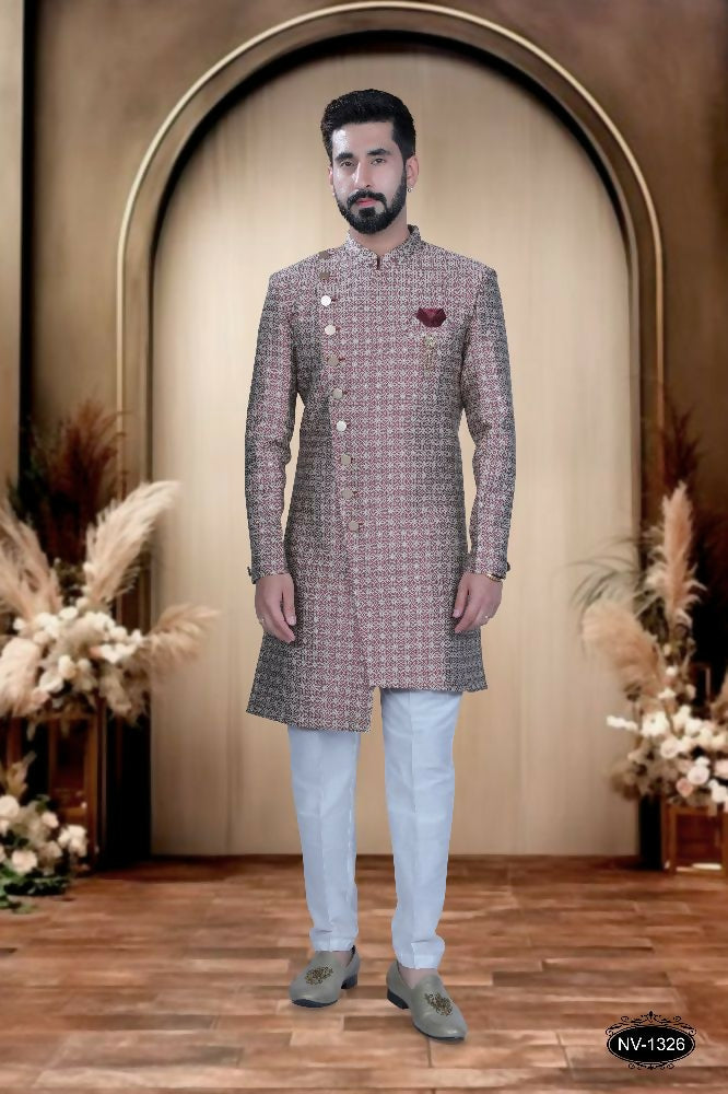 Joban Fashion Men's Red Base Brocade Kurta with Pyjama - Distacart