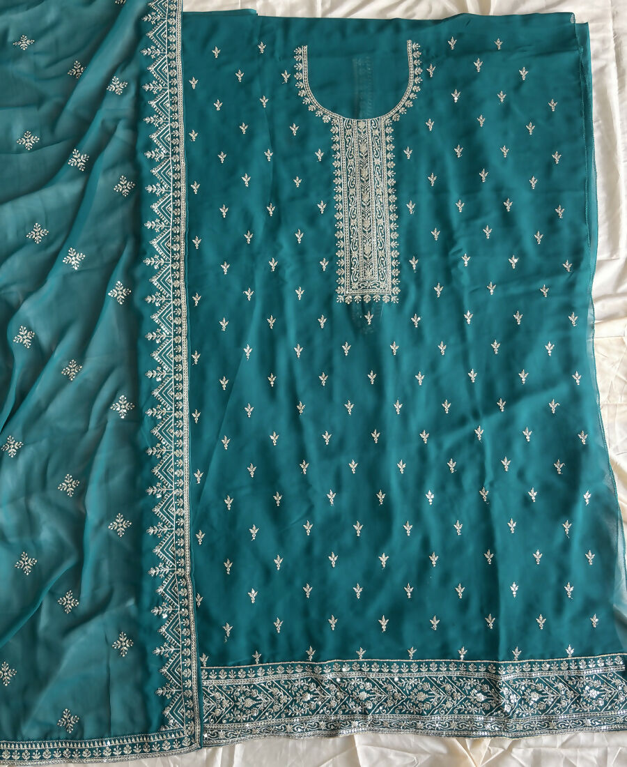 KC Aqua Blue Georgette Straight Suit With Heavy Embroidery - Dista