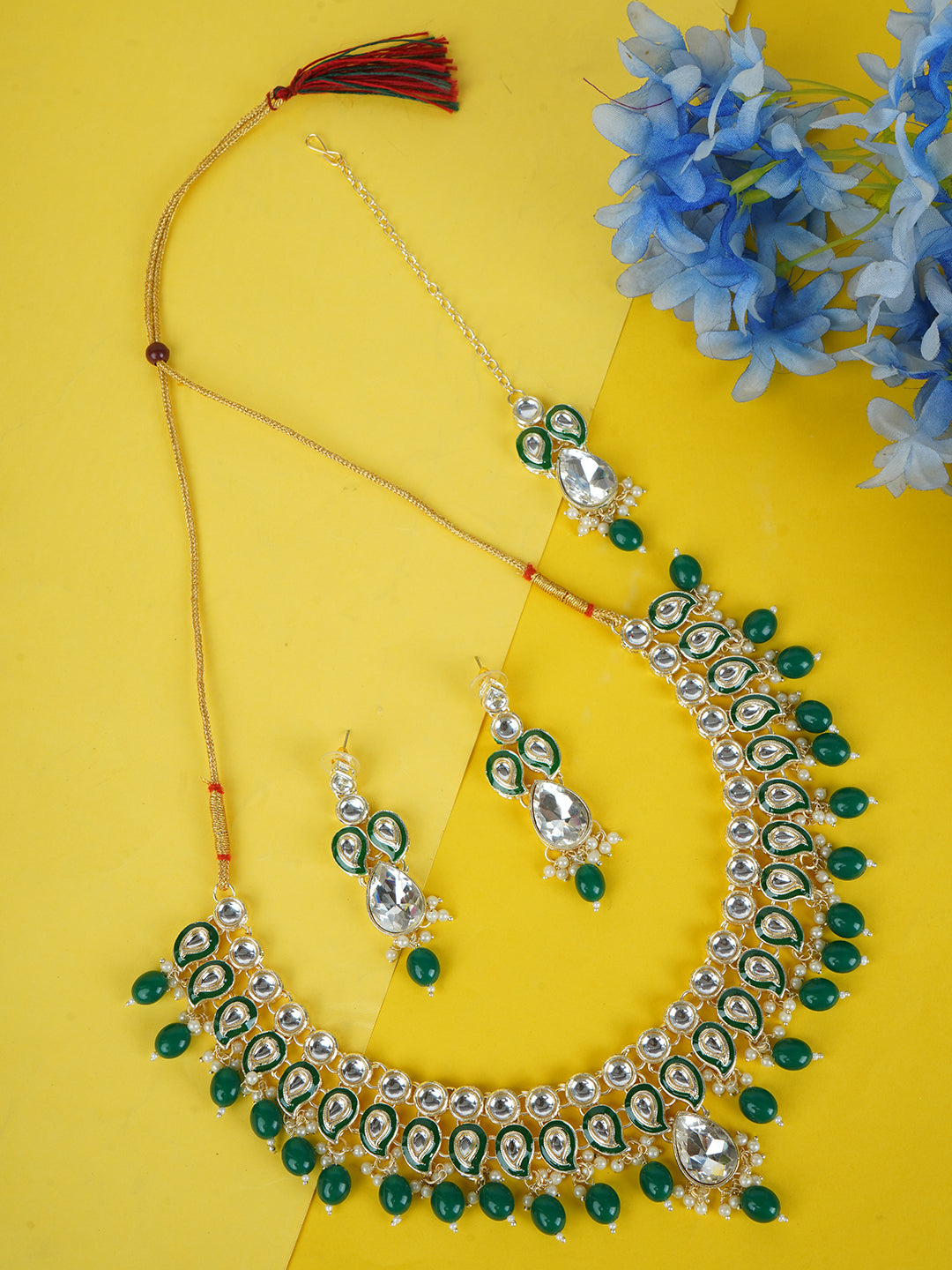 Divisha Alloy Gold-plated Green Jewellery Set