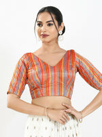 Thumbnail for Joban Fashion Orange Multi Brocade Padded Blouse With V Neck Elbow Sleeves - Distacart