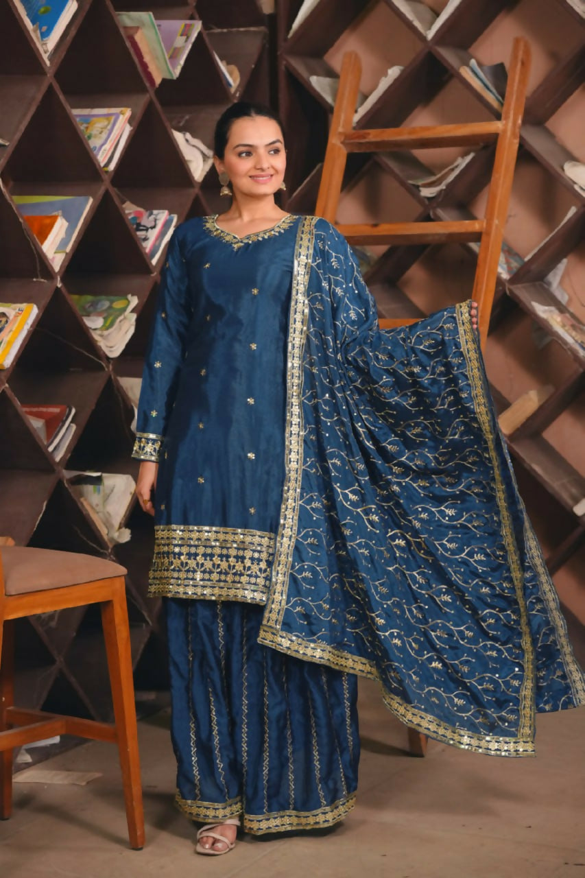 Teeya Creation Blue Color Chinon Silk Wedding Wear Trending Palazzo Set - Distacart