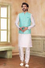 Thumbnail for Raivat Ethnic Jacquard Banarasi Silk Woven Work 3 Pics Jacket Set In Sky Blue Colour - Distacart