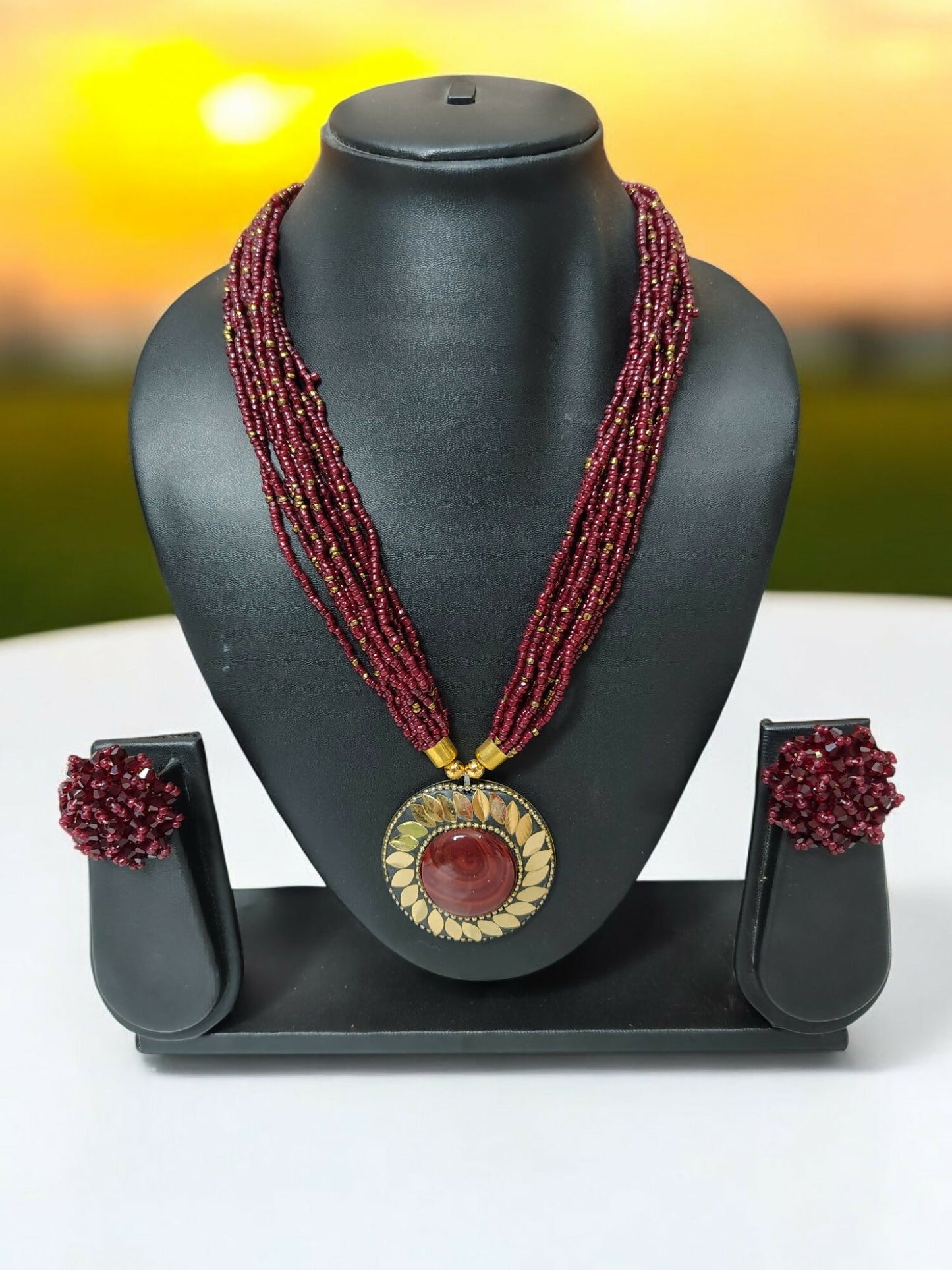 Inhanns All-Day Statement Beaded Necklace Set - Maroon - Distacart