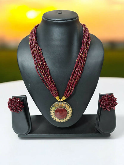 Inhanns All-Day Statement Beaded Necklace Set - Maroon - Distacart