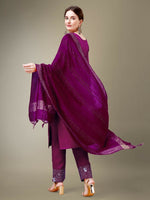 Thumbnail for Jyoti Fashion Women's Purple Cotton Blend Embroidery & Fancy Lace work Kurta with Trouser & Dupatta - Distacart