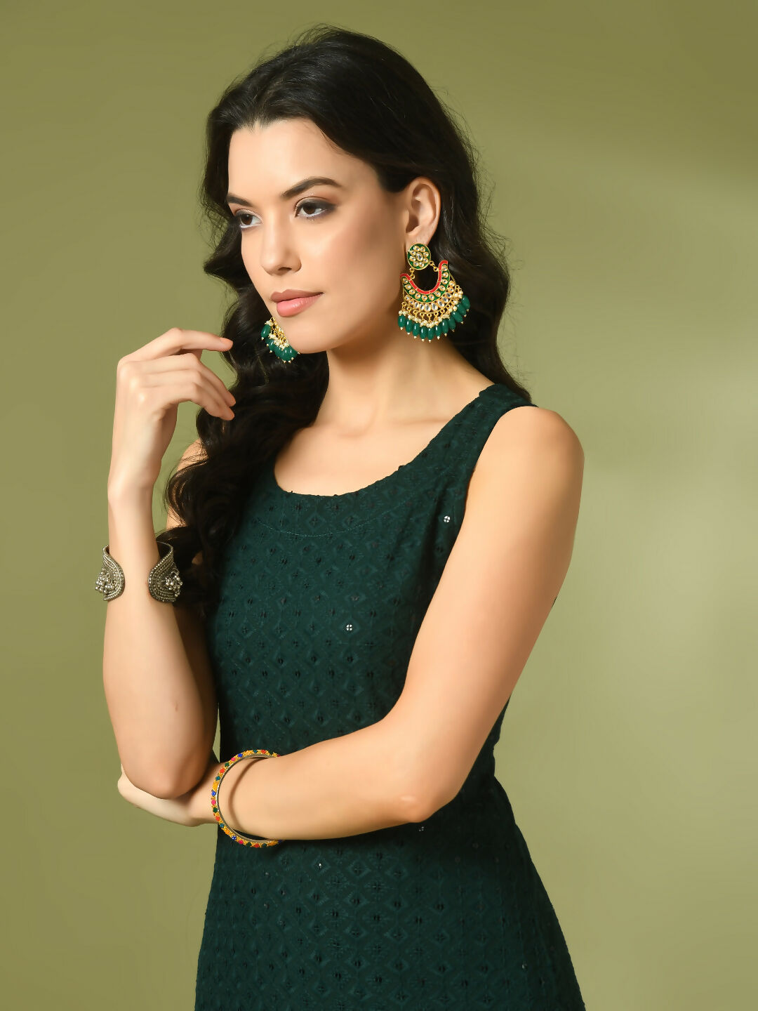 Myshka Women's Green Embroidered Cotton Straight Party Kurta Set - Distacart