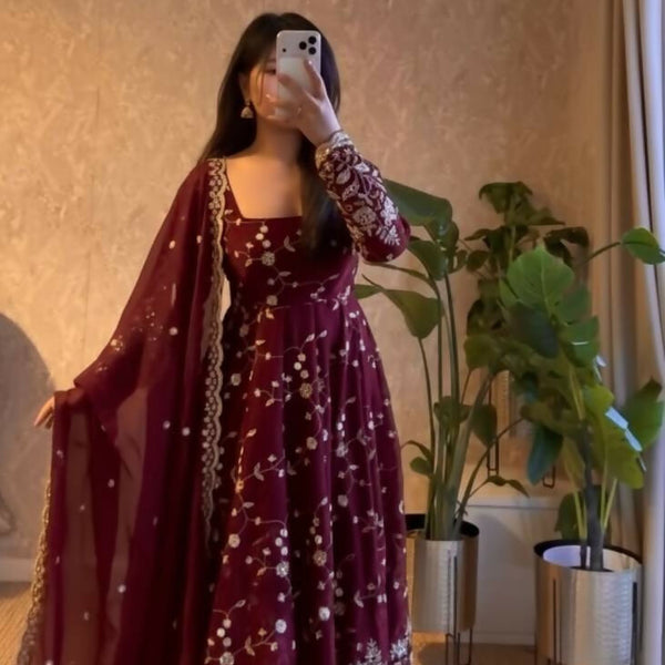 Teeya Creation Maroon Color Faux Georgette Long Party Wear Gown - Distacart