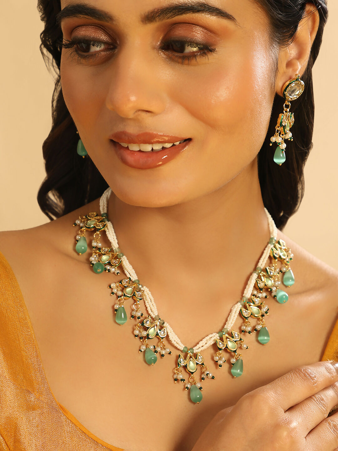 Nuyug 22K Gold Plated Pearl Empress Flora Green Stone Drops Necklace Set