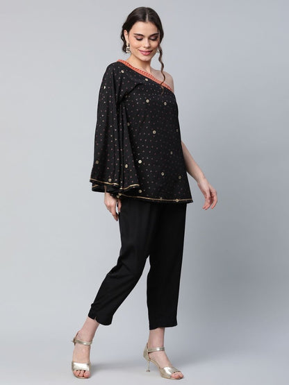 Ahalyaa Women Black Crepe Printed Top with Trouser Set - Distacart