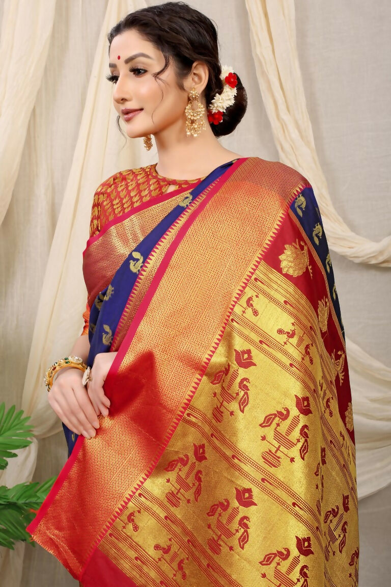 Jyoti Fashion Women's Navy Blue Banarasi Silk Zari Woven Saree with Blouse - Distacart