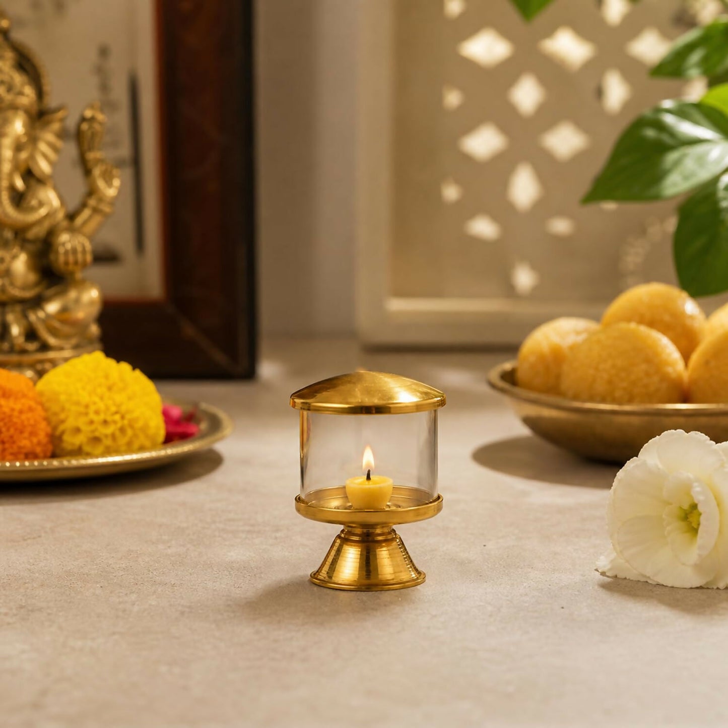 Not Available Pure Brass Ghee Diya for Puja with Glass Cover - Dista