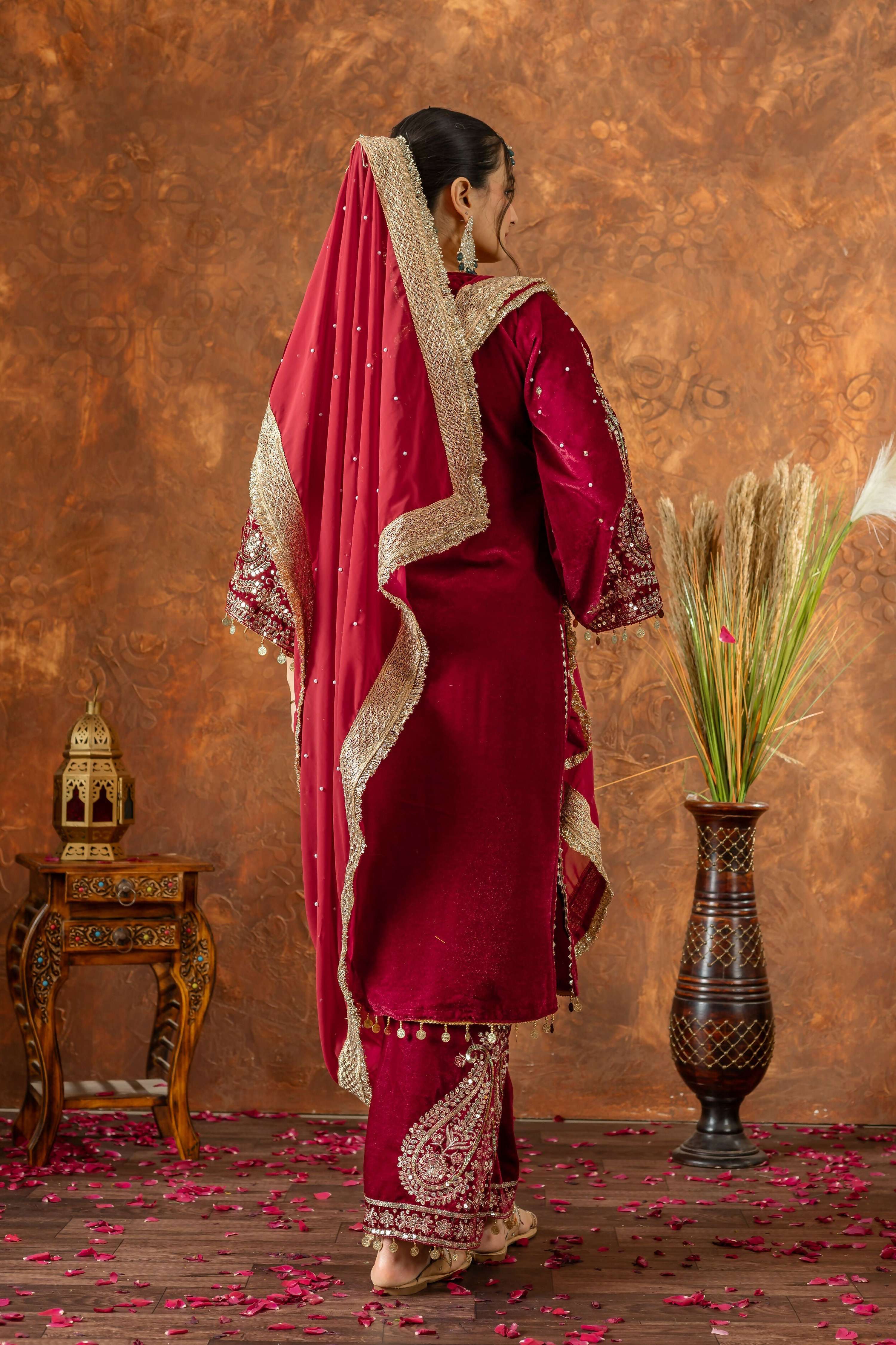 Teeya Creation Red Color Velvet Silk Embroidery Work Party Wear Suit