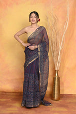 Thumbnail for Very Much Indian Pure Kota Cotton Handblock Printed Saree - Dark Blue - Distacart