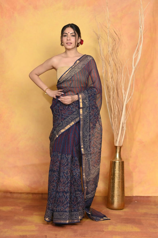 Very Much Indian Pure Kota Cotton Handblock Printed Saree - Dark Blue - Distacart