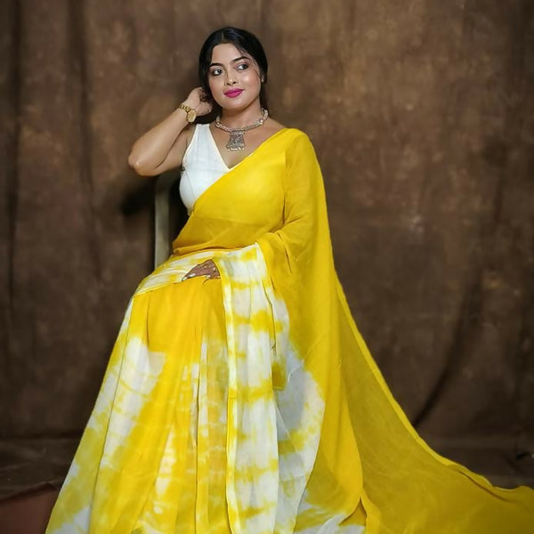 Exclusive Collection Yellow White Beautiful Super Soft Most Comfortable Pure Mul Cotton Saree