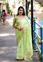 Thumbnail for Green Pure Linen Ethnic Motifs Saree with Unstitched Blouse - Hiral Fashion - Distacart