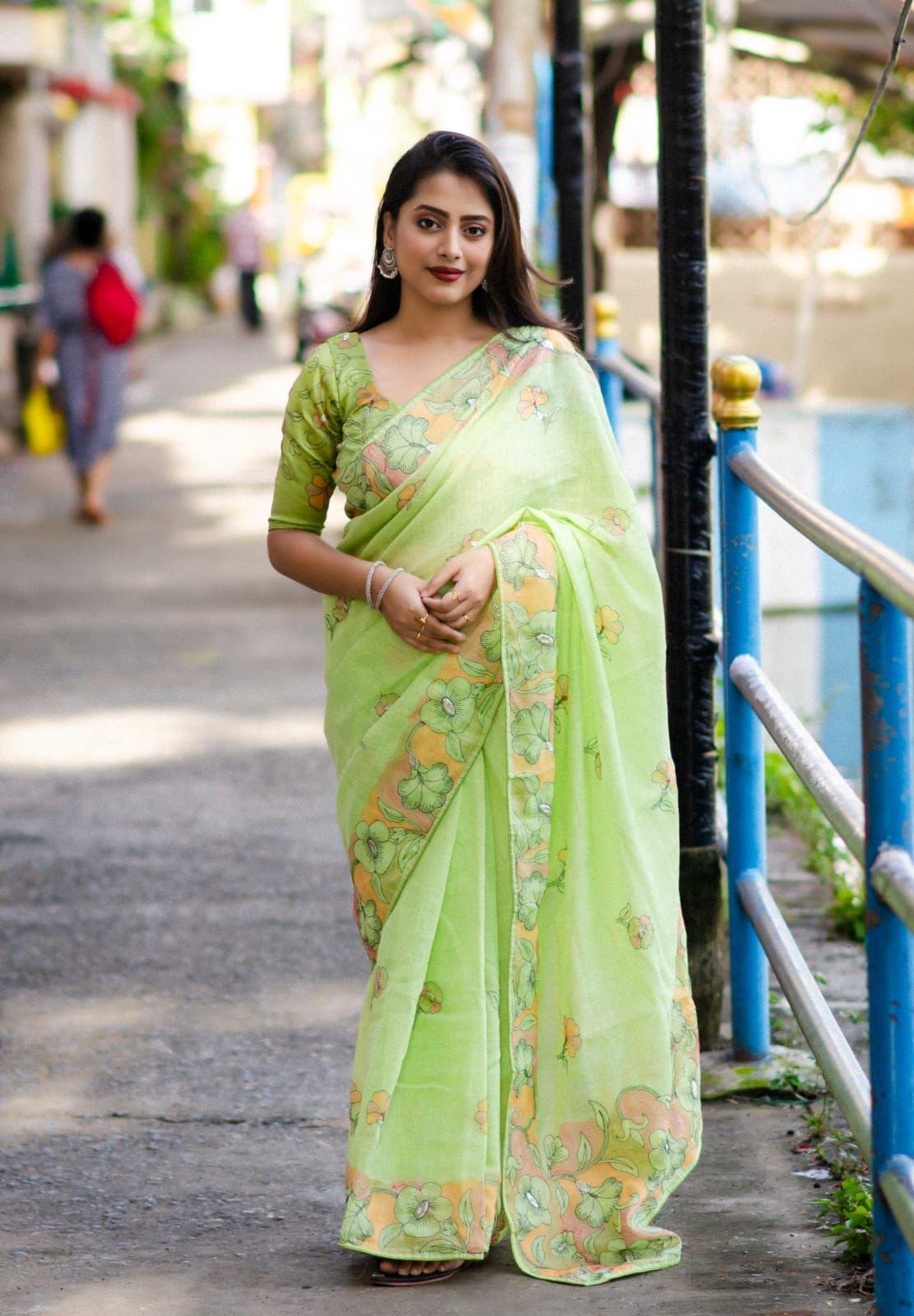 Green Pure Linen Ethnic Motifs Saree with Unstitched Blouse - A2M - Distacart