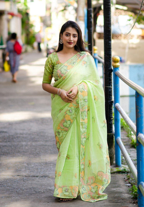 Green Pure Linen Ethnic Motifs Saree with Unstitched Blouse - Hiral Fashion - Distacart