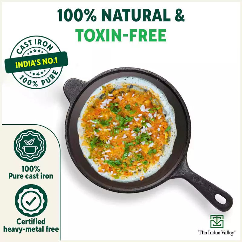 The Indus Valley Super Smooth Cast Iron Tawa, Long Handle,Pre-seasoned, Nonstick, 100% Pure, Toxin-free, Induction,Spatula, 25.4cm, 1.8kg