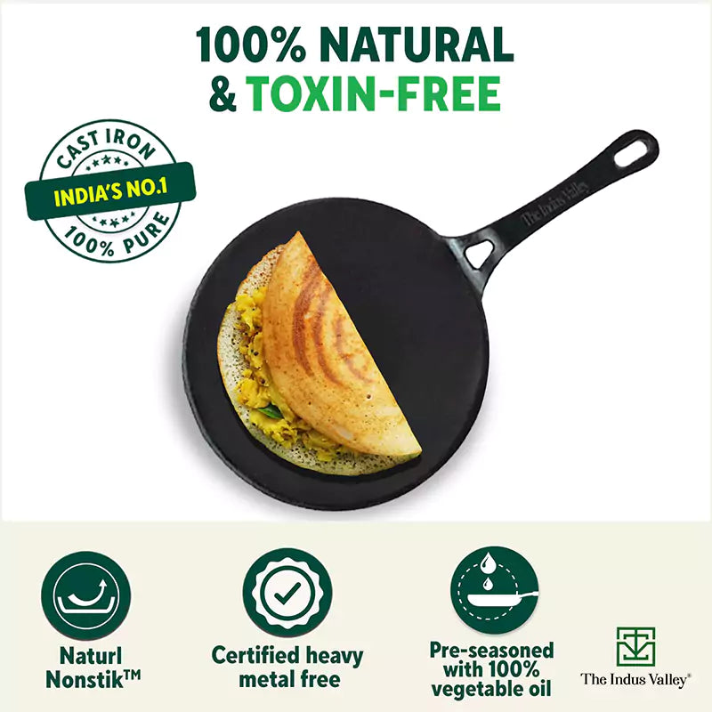 The Indus Valley CASTrong Cast Iron Concave Tawa, Pre-seasoned, Nonstick, 100% Pure, Toxin-free, Spatula, 25.4cm, 1.9kg
