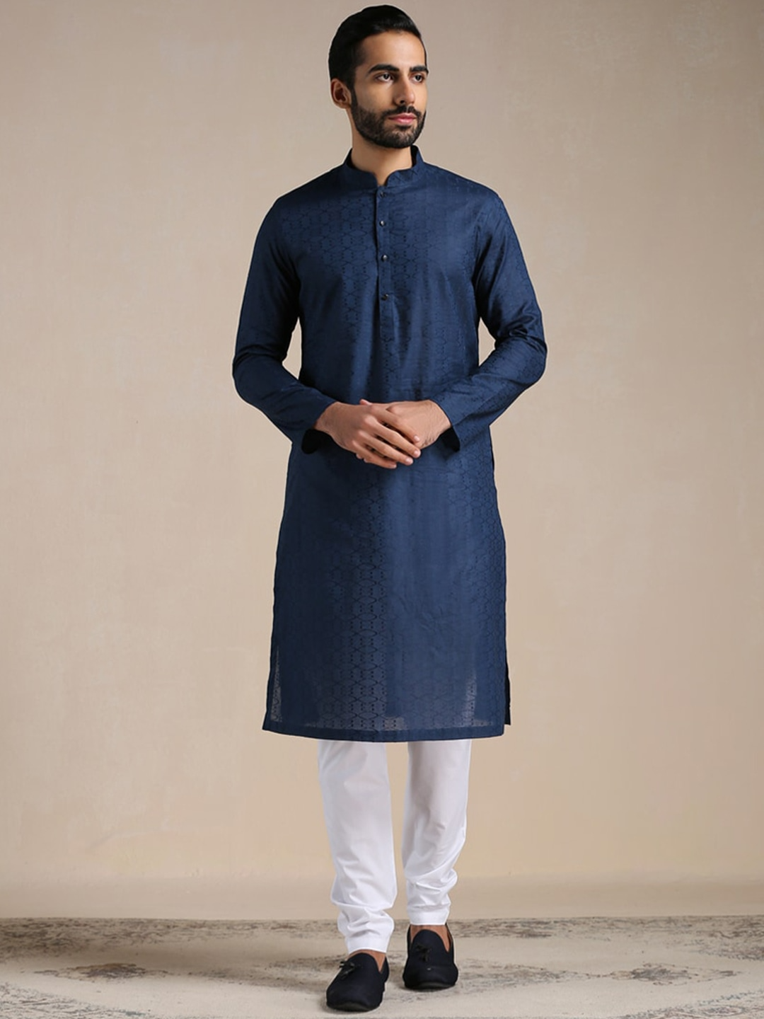 Manyavar Men Mandarin Collar Pure Cotton Kurta with Pyjamas - Distacart