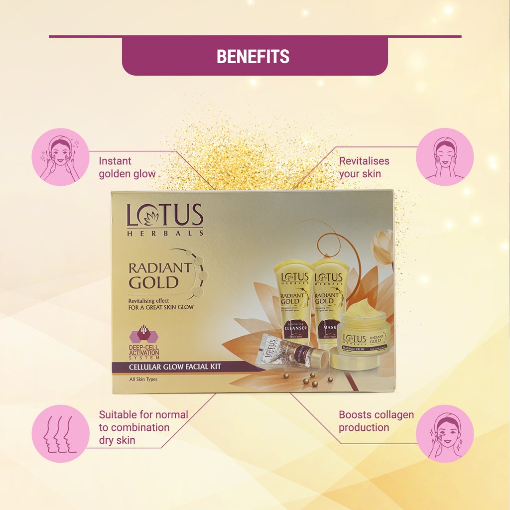 Lotus Herbals Radiant Gold Cellular Glow Facial Kit For All Skin Types - Distacart
