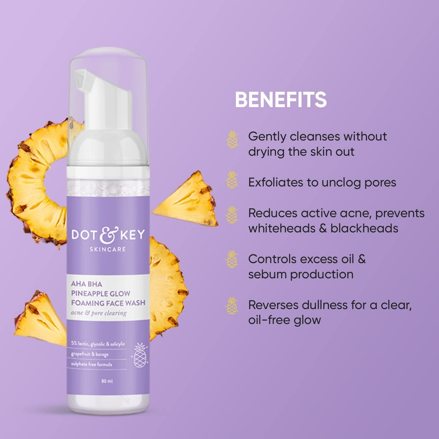 Dot & Key AHA BHA & Pineapple Glow Foaming Face Wash  For Glowing Skin, Oily, Acne Prone Skin,Sulphate Free - Distacart