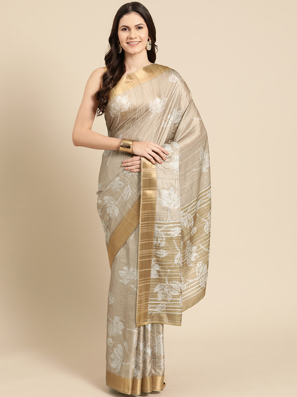 Beige Silk Blend Digital Print Floral Saree with Unstitched Blouse - Hiral Fashion - Distacart