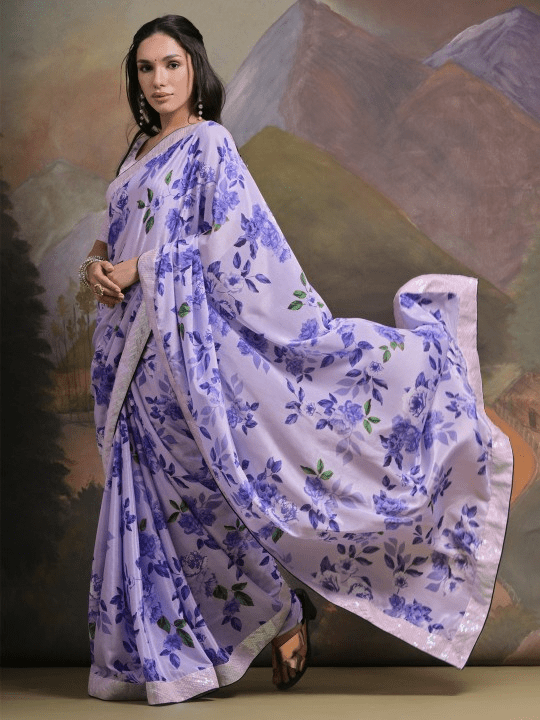 Anouk Lavender Floral Printed Sequinned Pure Chiffon Saree - Distacart