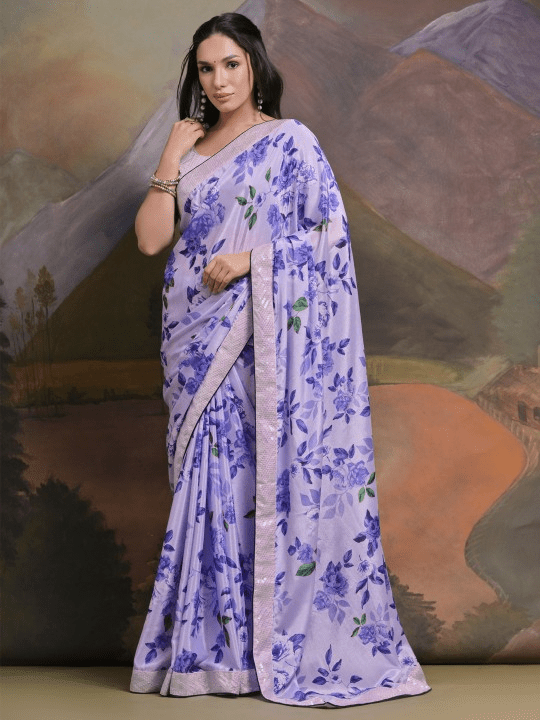 Anouk Lavender Floral Printed Sequinned Pure Chiffon Saree - Distacart