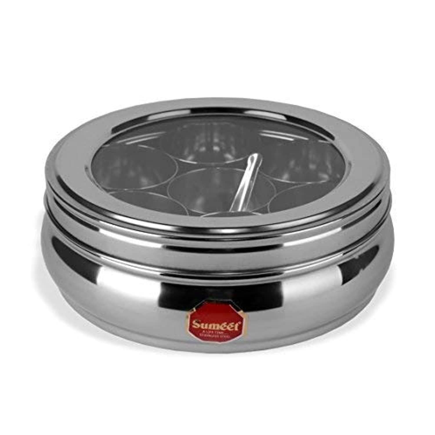 Sumeet Stainless Steel Belly Shape Masala (Spice) Box/Dabba/Organiser With See Through Lid With 7 Containers And Small Spoon (Small), Beige - Dista