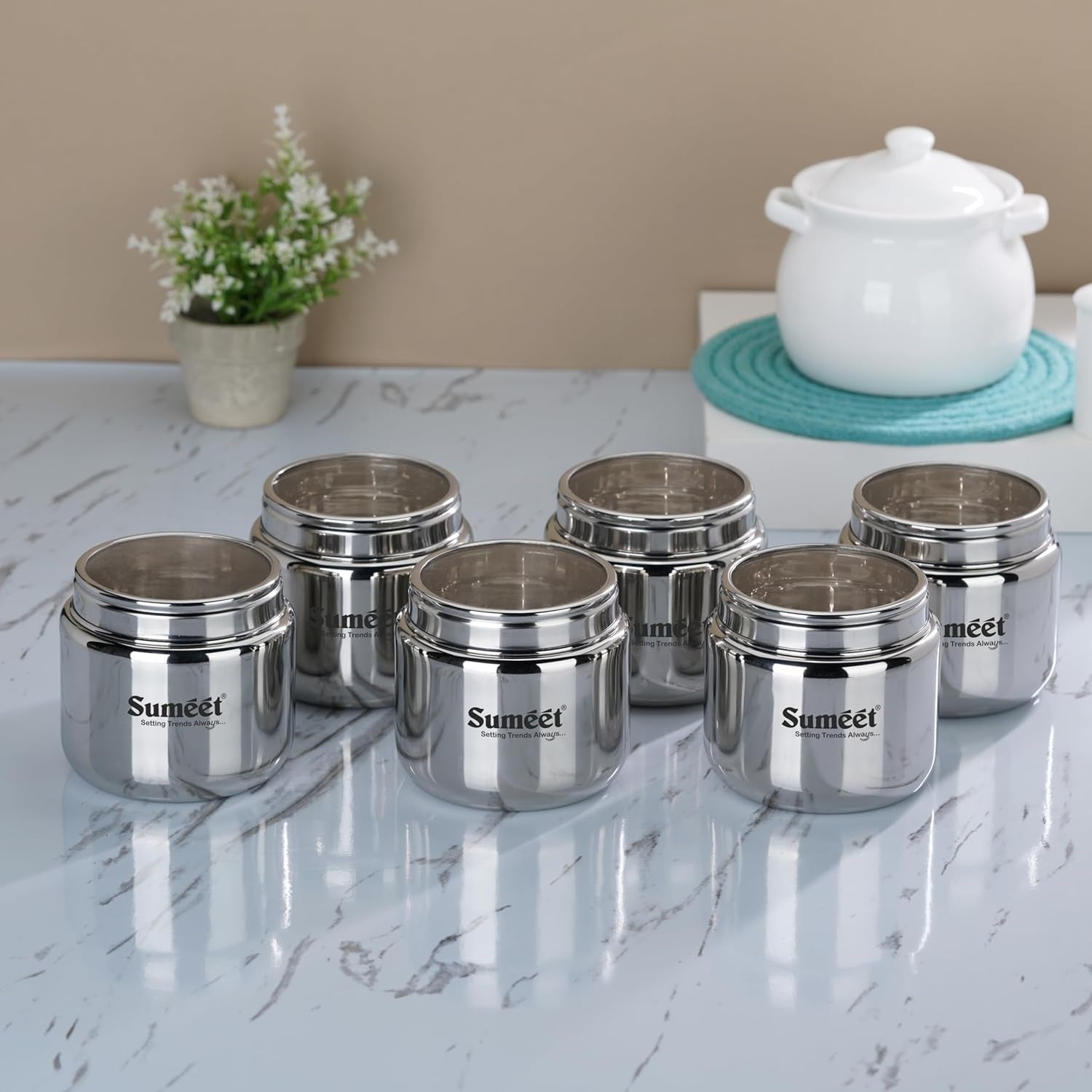 Sumeet Stainless Steel Small Canisters/Dabba/Storage Containers for Kitchen with Lid, Set of 6 Pcs, 400ml Each, 9cm Dia, Silver - Dista