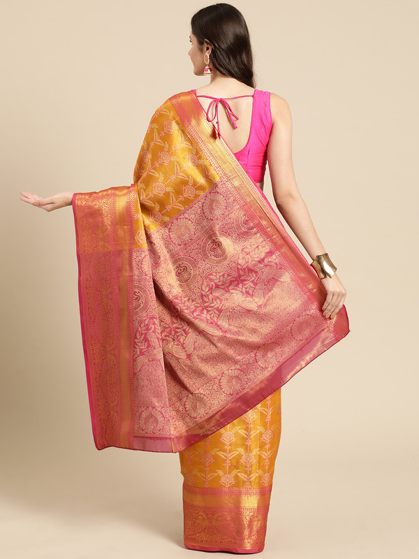 Mustard Brocade Zari Woven Floral Saree with Unstitched Blouse - Hiral Fashion - Distacart